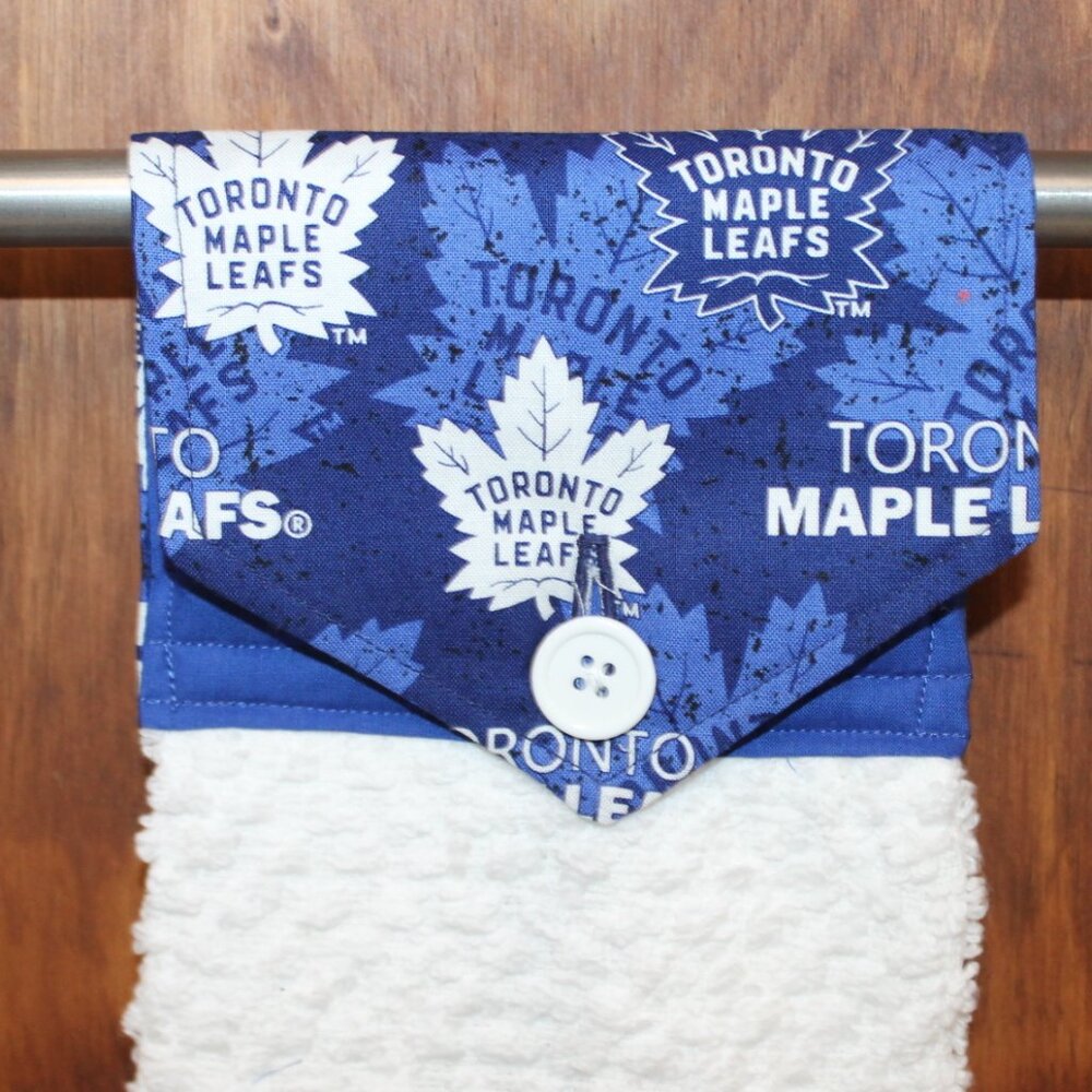 TORONTO MAPLE LEAFS HAND TOWEL BLUE WHITE PRINT HANDMADE HANGING KITCHEN WHITE